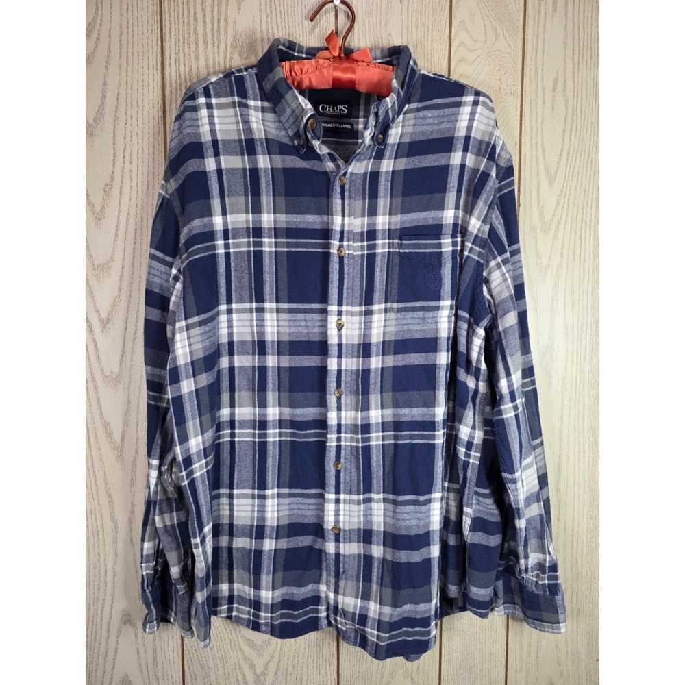 Chaps Mens XXL Brushed Flannel Shirt Blue Grey Plaid Long Sleeve Button-Down